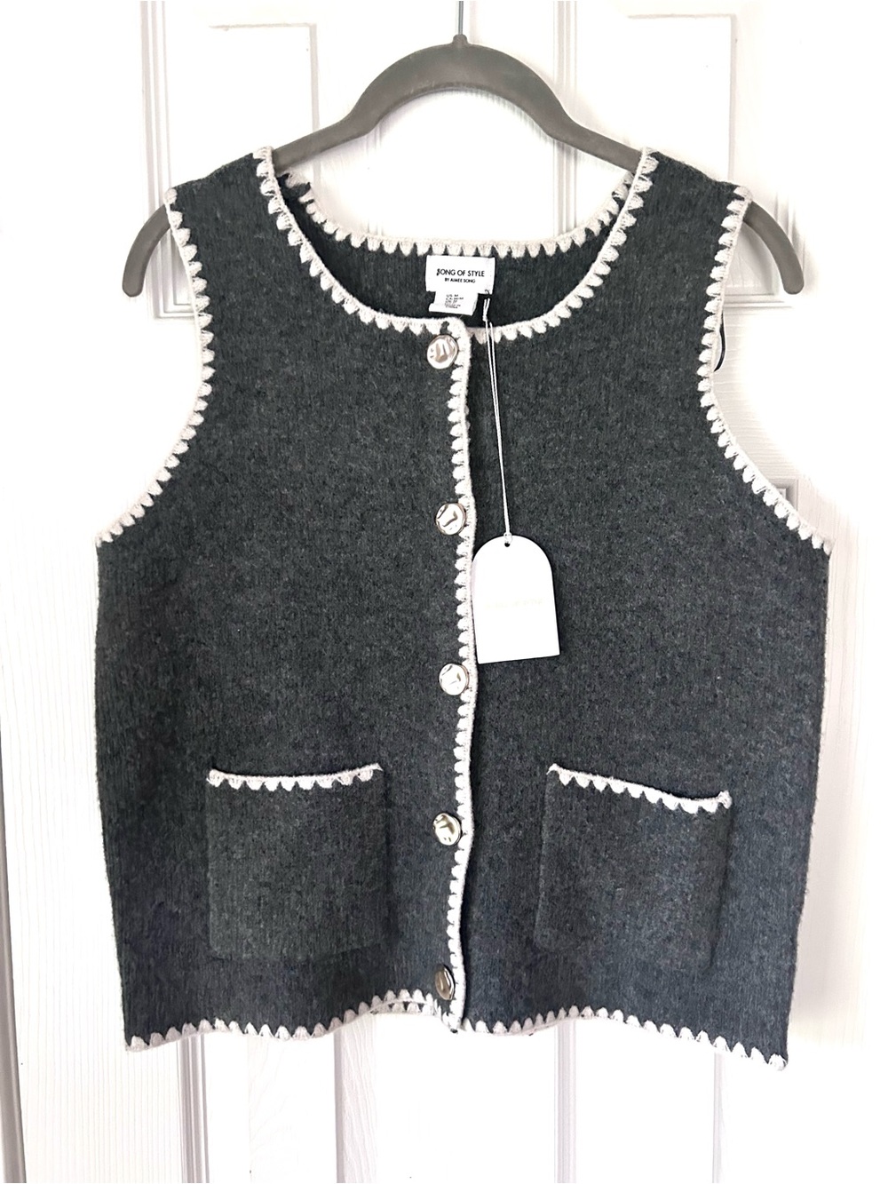 Song of Style Gray Contrast Trim Button Front Sweater Vest Medium